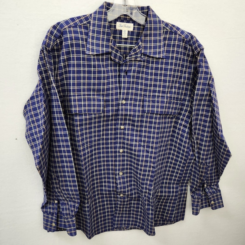Paul Frederick Mens Medium Blue Plaid Check Button Up Shirt Long Sleeve Made USA